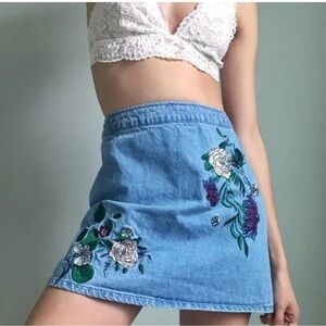 Coachella Collection Embroidered High Waisted Denim Skirt Size 12